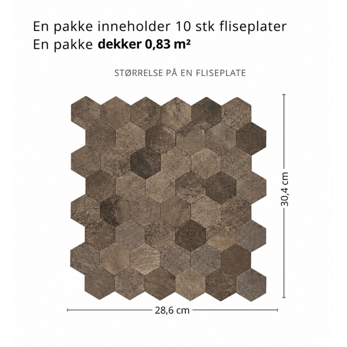10-pk Hexagon brun betong selvklebende veggfliser - Lindas Dekor Veggfliser