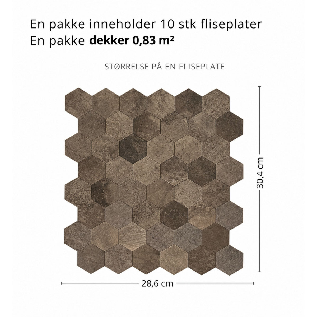 10-pk Hexagon brun betong selvklebende veggfliser