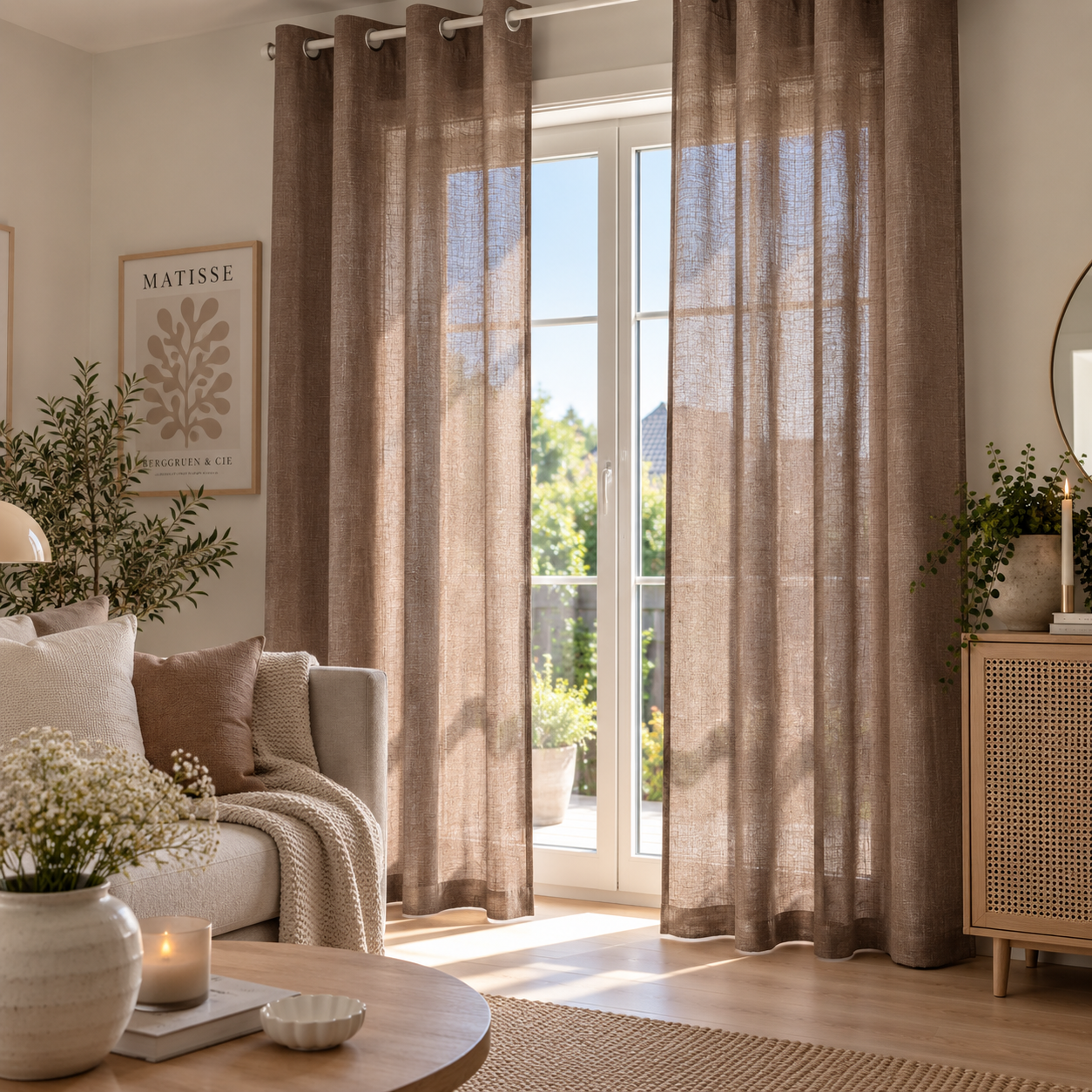 Beige transparente gardiner med maljer i lys nordisk stue med sofa, treverk, grønne planter og naturlig dagslys.