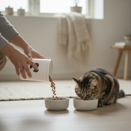 Kattegodteri oppbevaringsboks i keramikk med lokk og katteører – dekorativ beholder med potehjerte motiv, perfekt til snacks eller tørrfôr.
