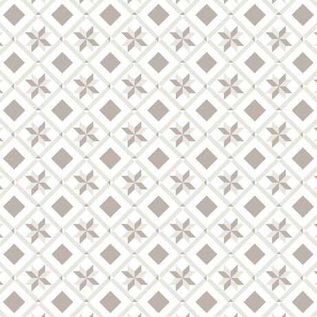 Oslo mini selvklebende fliser imiterer fliser med et klassisk design med stjerner og kvadrater i hvitt, beige og grått. 