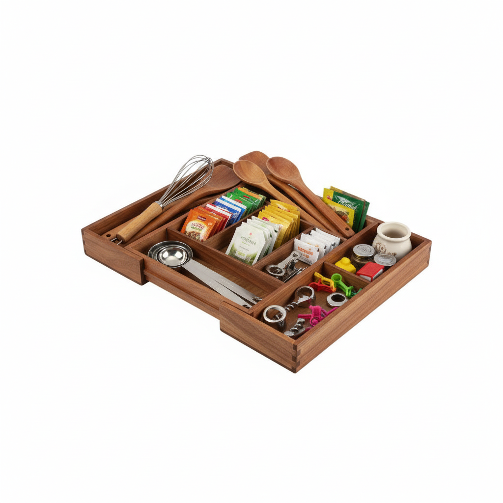 Uttrekkbar kjøkkenskuff i heltre med praktiske rom for bestikk og redskaper
