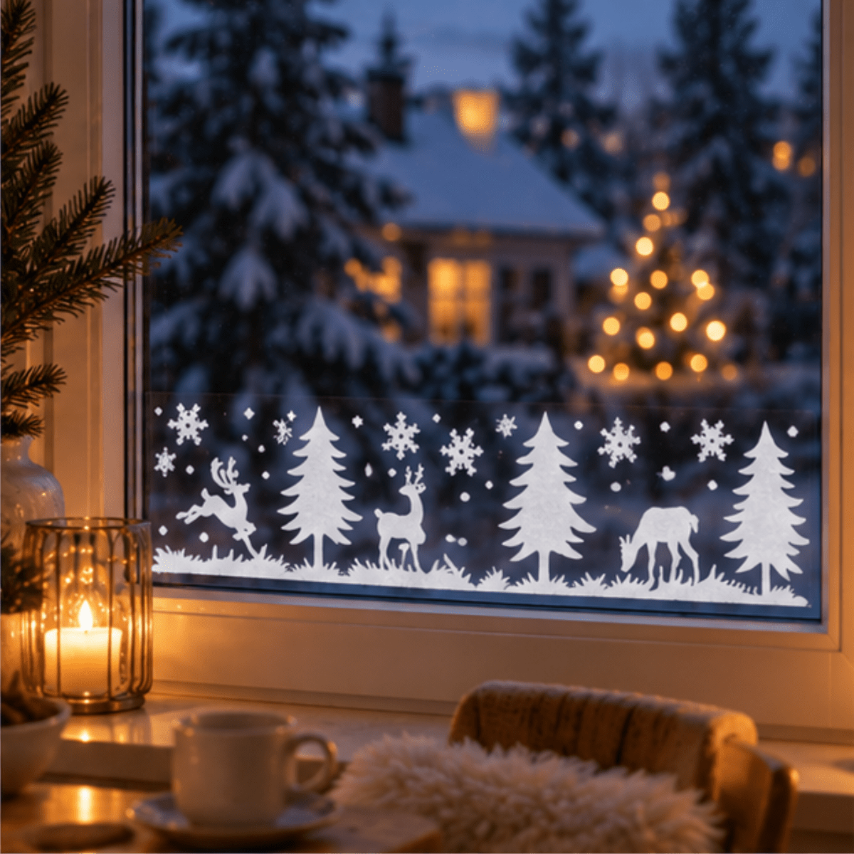 Julebanner stickers med reinsdyr og grantrær hvit 58 x 12 cm - Lindas Dekor Wallstickers