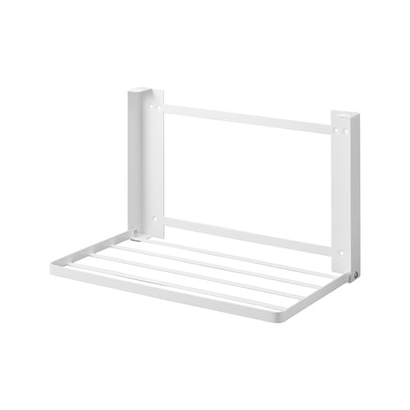 Oppbevaringshylle i hvit metall med sammenleggbart stativ.