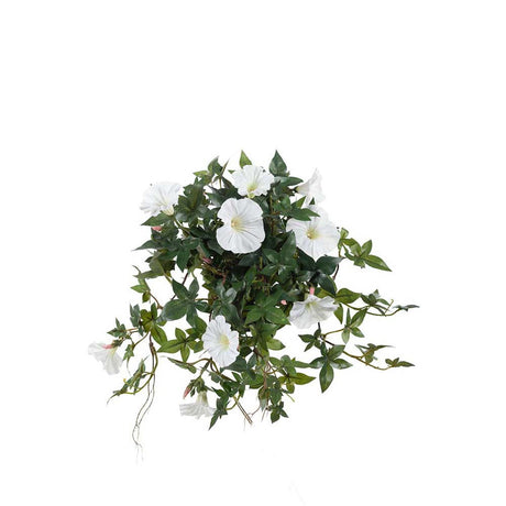 Hvit kunstig slyngplante med blomster og grønt bladverk – naturtro og vedlikeholdsfri dekor.