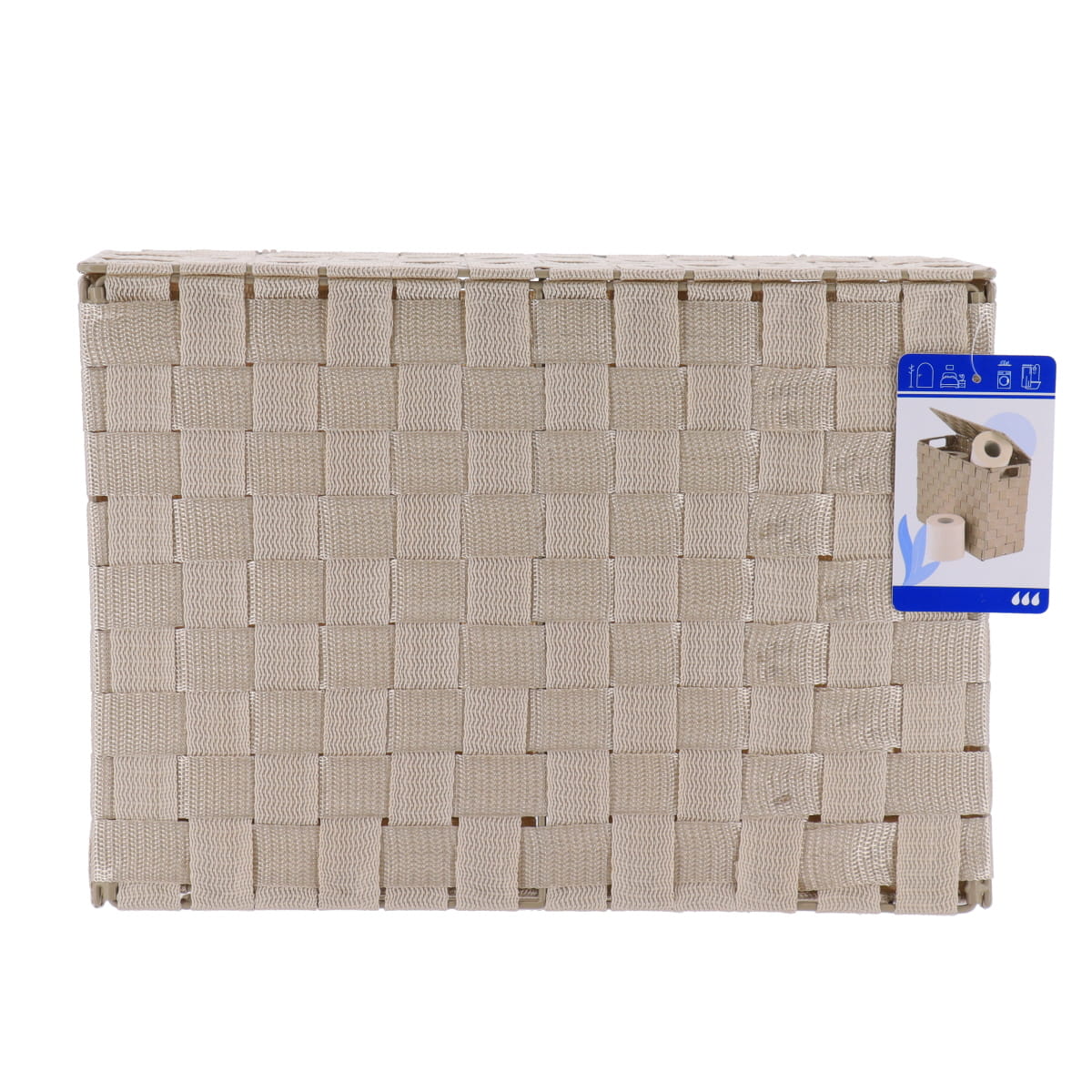 Beige oppbevaringskurv med lokket åpent