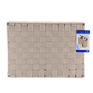 Beige oppbevaringskurv med lokket åpent