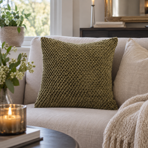 Olivegrønn pyntepute 40 x 40 cm med myk, strukturert overflate i lys sofa i en lun, nordisk stue.
