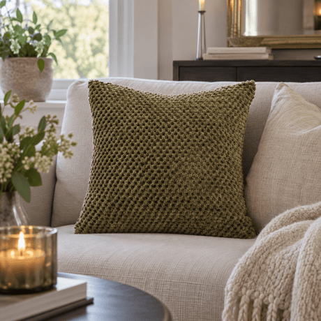 Olivegrønn pyntepute 40 x 40 cm med myk, strukturert overflate i lys sofa i en lun, nordisk stue.
