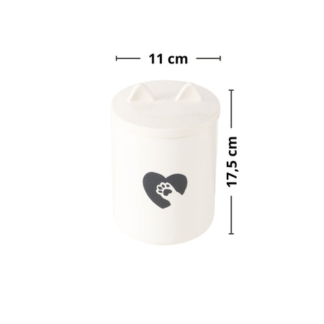 Oppbevaringskrukke kattemat 11 cm diameter hvit keramikk
