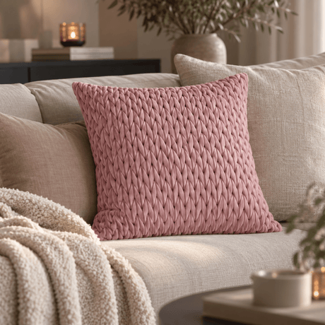 Putetrekk i lyse lyngrosa toner med flettet velurstruktur stylet i beige sofa