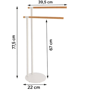 Målritning av handdukssställ i vitt med två bambustänger: höjd 77,5 cm, bredd 39,5 cm, djup 22 cm