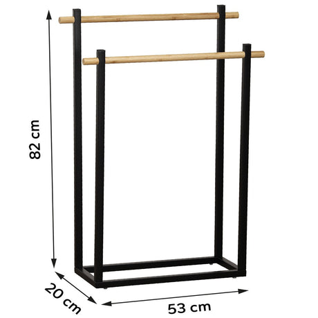 Målritning av handdukshållare i svart med två bambustänger: höjd 82 cm, bredd 53 cm, djup 20 cm