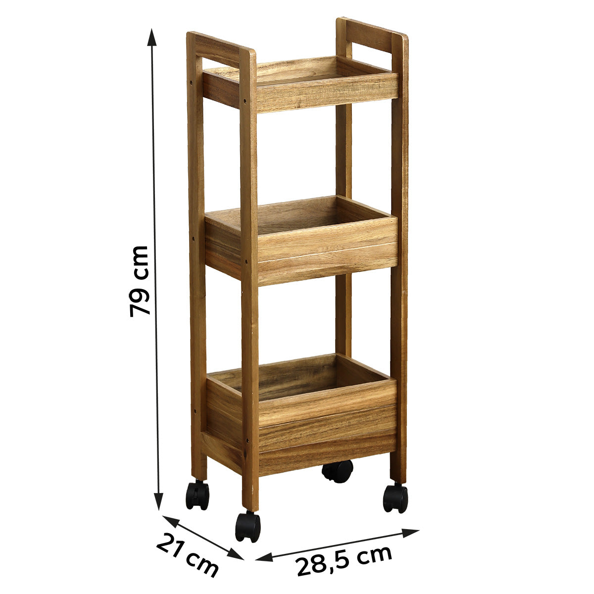 Måltegning af opbevaringstralle på hjul i akasie med tre hyller: højde 79 cm, bredde 28,5 cm, dybde 21 cm