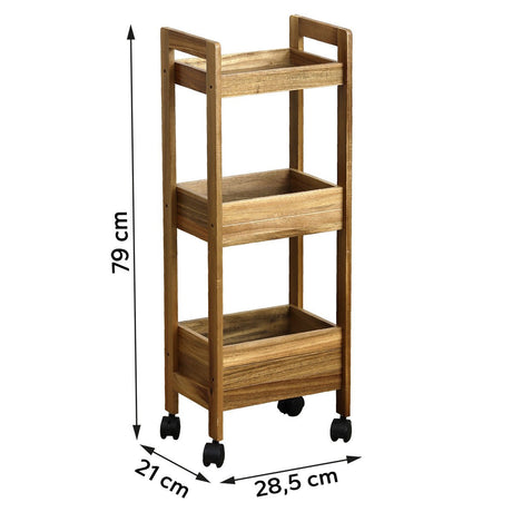Målritning av förvaringsvagn på hjul i akacia med tre hyllor: höjd 79 cm, bredd 28,5 cm, djup 21 cm