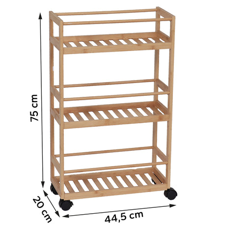 Måltegning av oppbevaringstralle på hjul i bambus med tre hyller: høyde 75 cm, bredde 44,5 cm, dybde 20 cm