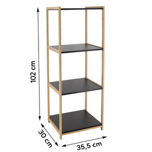 Målritning av bambusreol med fyra hyllor i MDF: höjd 102 cm, bredd 35,5 cm, djup 30 cm.