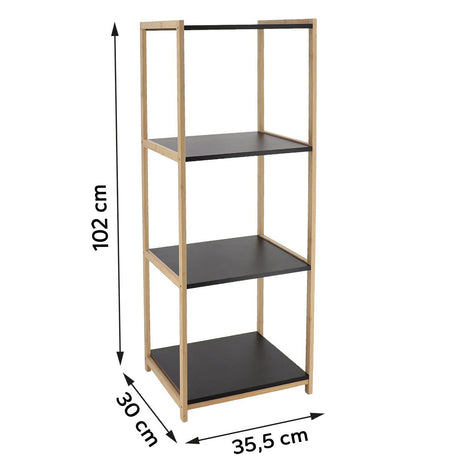 Målritning av bambusreol med fyra hyllor i MDF: höjd 102 cm, bredd 35,5 cm, djup 30 cm.