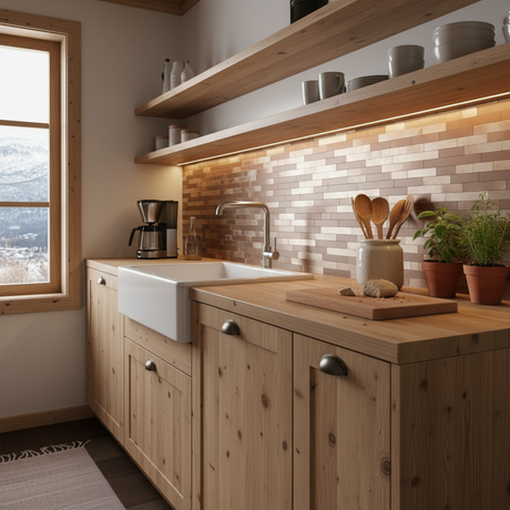 Sofie selvklebende stavfliser i bronse på kjøkkenvegg