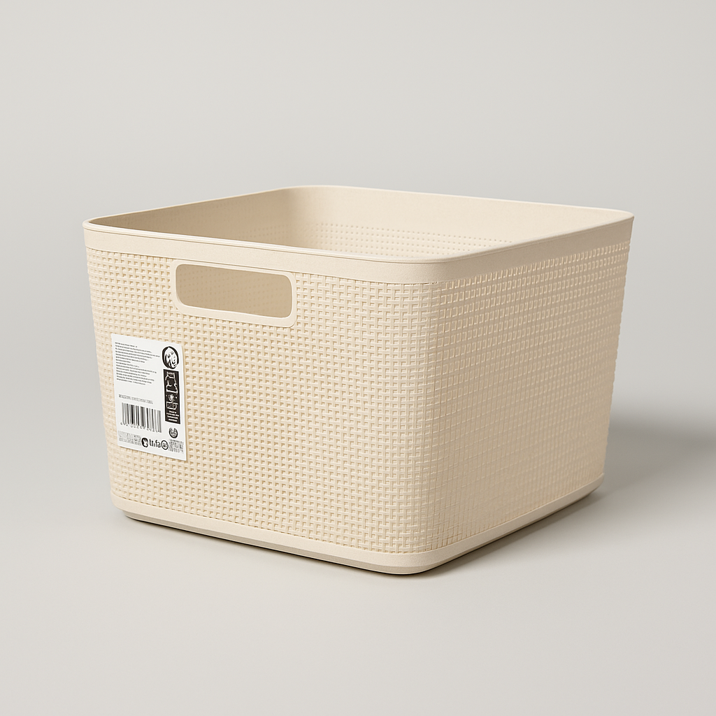 Oppbevaringskurv i sand/beige farge sett ovenfra, viser romslig innside og strukturert design.