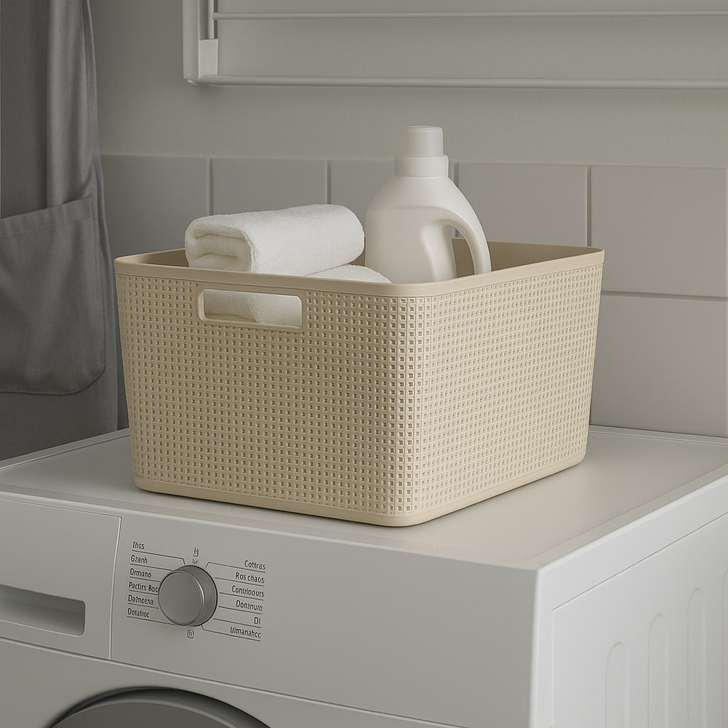 Stor beige oppbevaringskurv i vevd plast, størrelse 35 × 30 cm, brukt til håndklær og vaskemidler på vaskerom.