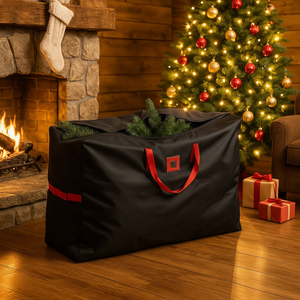 Svart oppbevaringsbag med røde håndtak plassert på et rustikt loft med tregulv og murvegg.