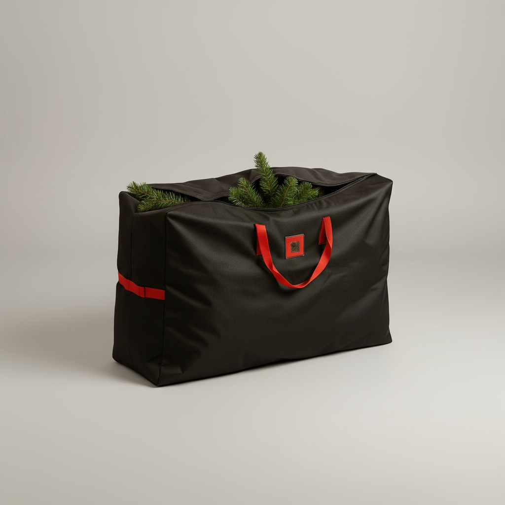 Svart oppbevaringsbag for juletre i solid stoff med røde detaljer, fotografert i naturlig kveldslys.