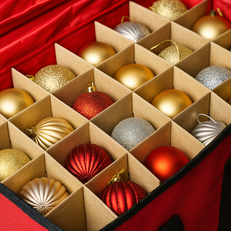 Röd och svart förvaringslåda med julkulor i guld och rött, placerad bredvid ett juletre prydd med vita kuler.