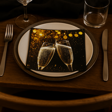 Serviett med motiv av to champagneglass som skåler ligger på tallerken på nyttårsbord.