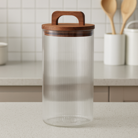 Oppbevaringskrukke i rillet glass med lokk av tre