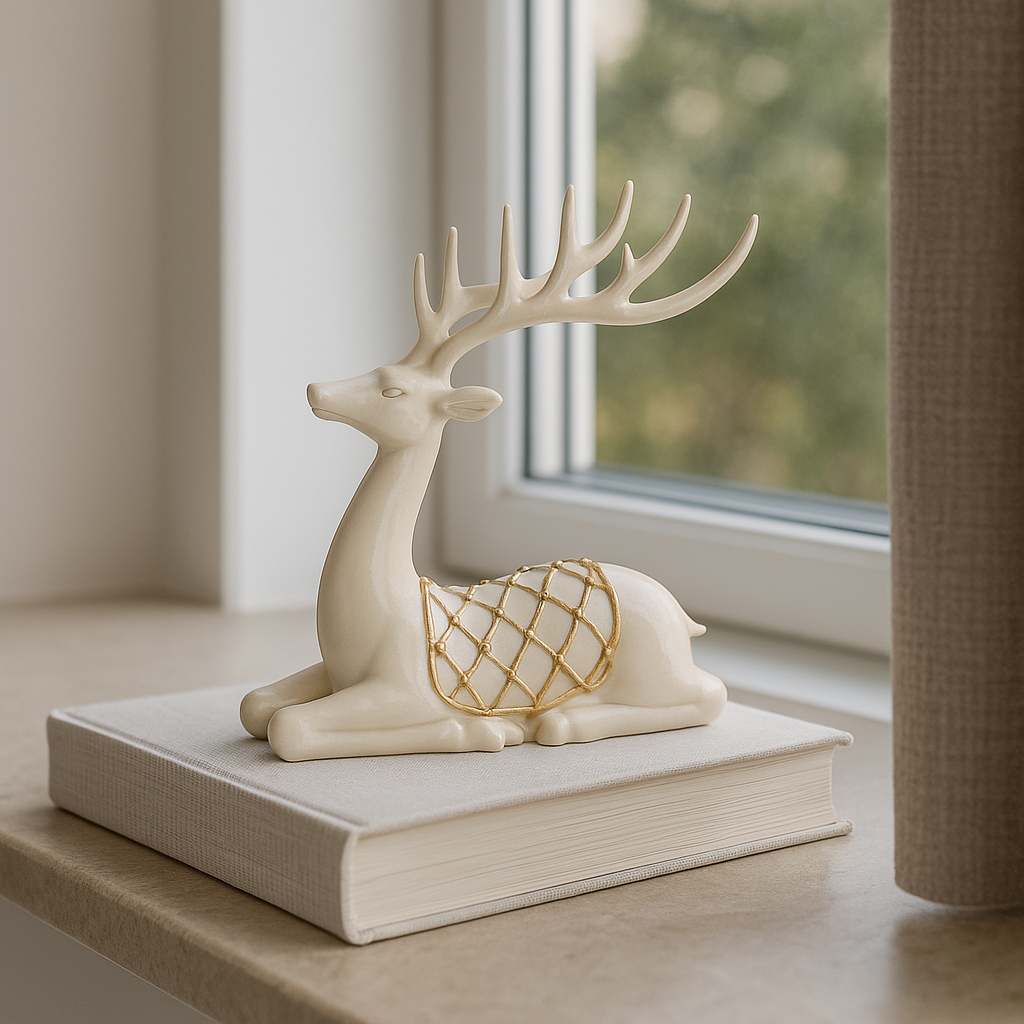 Liggende reinsdyrfigur i hvitt med gullmønster, plassert på en bok i vinduskarm med naturlig lys.
