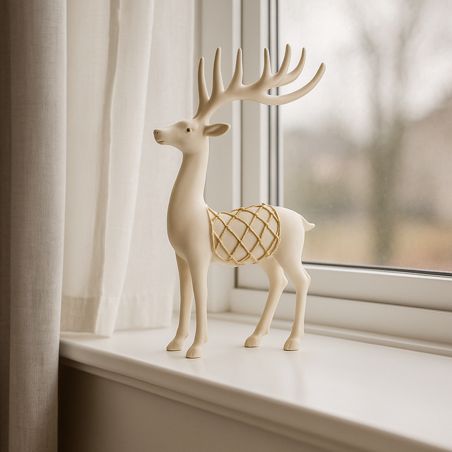 Polyresin reinsdyr i hvitt med gullrutet dekor, stående figur brukt som julepynt, kvadratisk produktfoto.