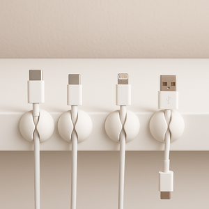 Minimalistisk kabelholder i plast eller gummi, brukt for å organisere en enkelt kabel.