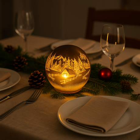 Stemningsfull bordlampe med vinterlandskap i gulltoner.