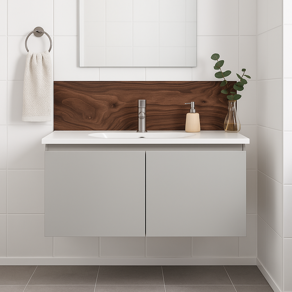 Lyst bad med enkel servant og Rustic Walnut selvklebende backsplash – gir varm kontrast og stilfull oppgradering uten behov for oppussing