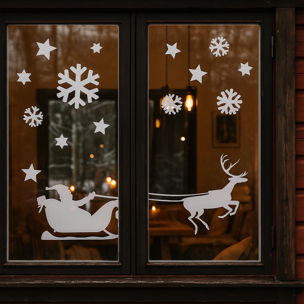 Rustikt rødt hus med store vinduer dekorert med hvite julesjablonger – inkludert snøfnugg, stjerner og reinsdyr – som skaper en koselig og vinterlig stemning.