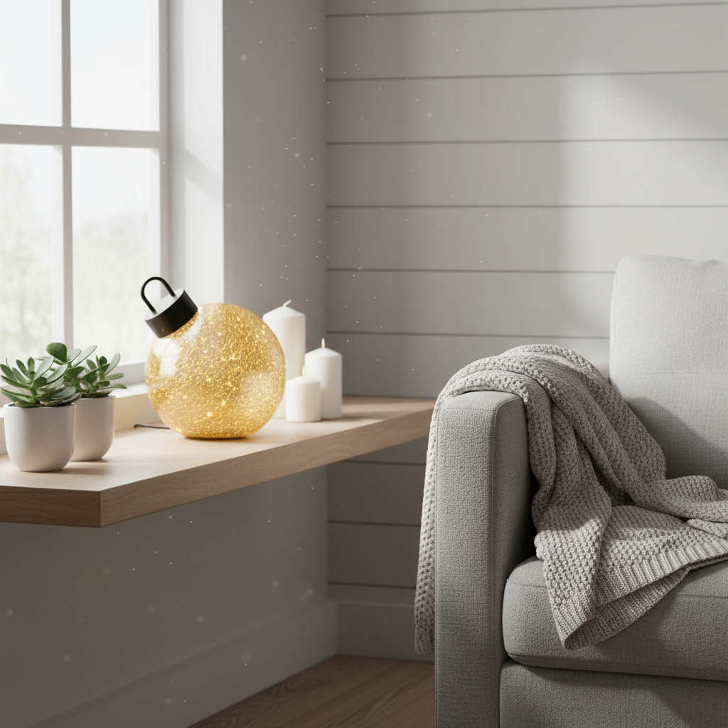 Gullfarget julekule i glass med LED-lys, 15 cm.