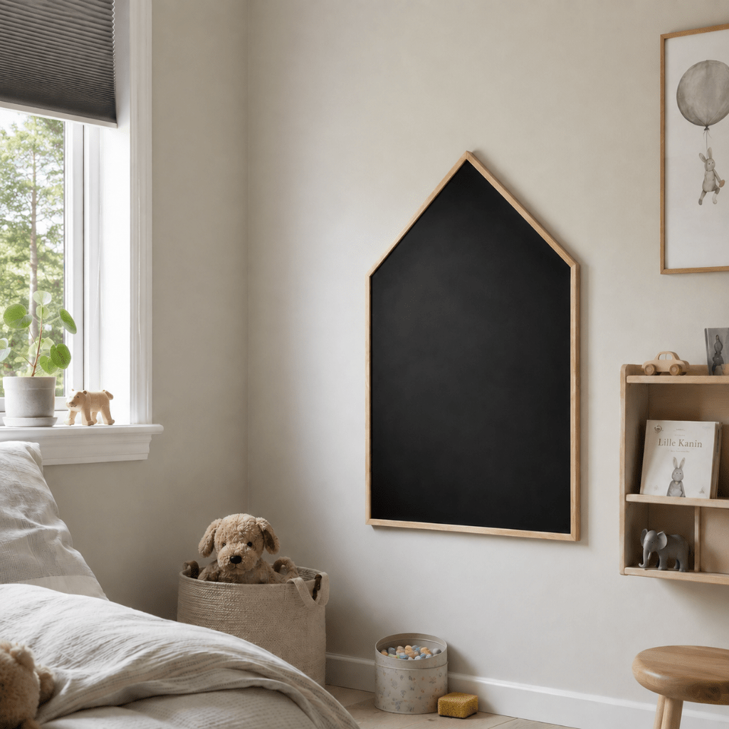 Husformet krittavle med svart skriveflate og treramme i lyst nordisk barnerom med naturlig dagslys.