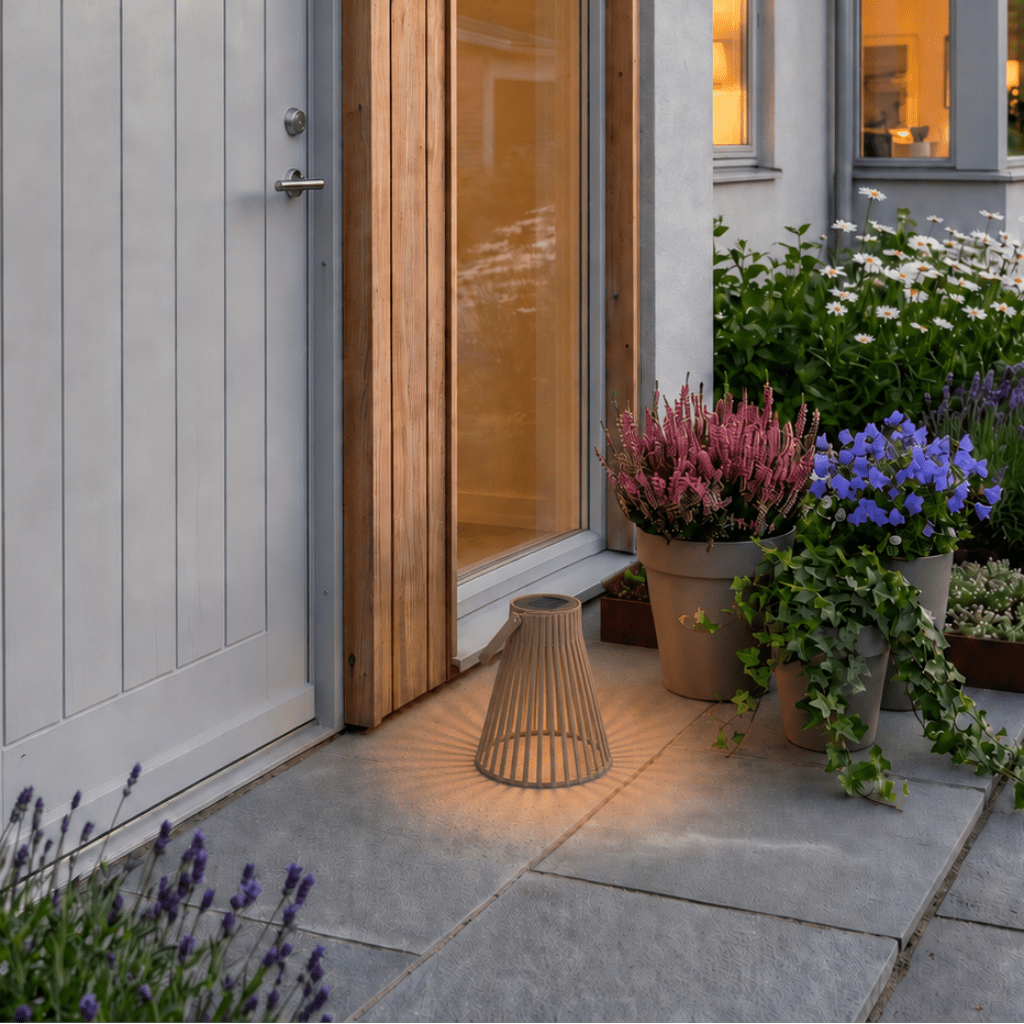 Brun solarlykt med varmt LED-lys plassert ved inngangspartiet til et moderne hus med blomster og grønne planter. - Lindas dekor