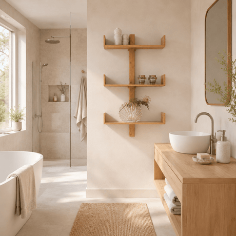 Villa vegghylle i bambus montert på lyst bad med badekar, dusj og nordisk interiør i naturtoner.