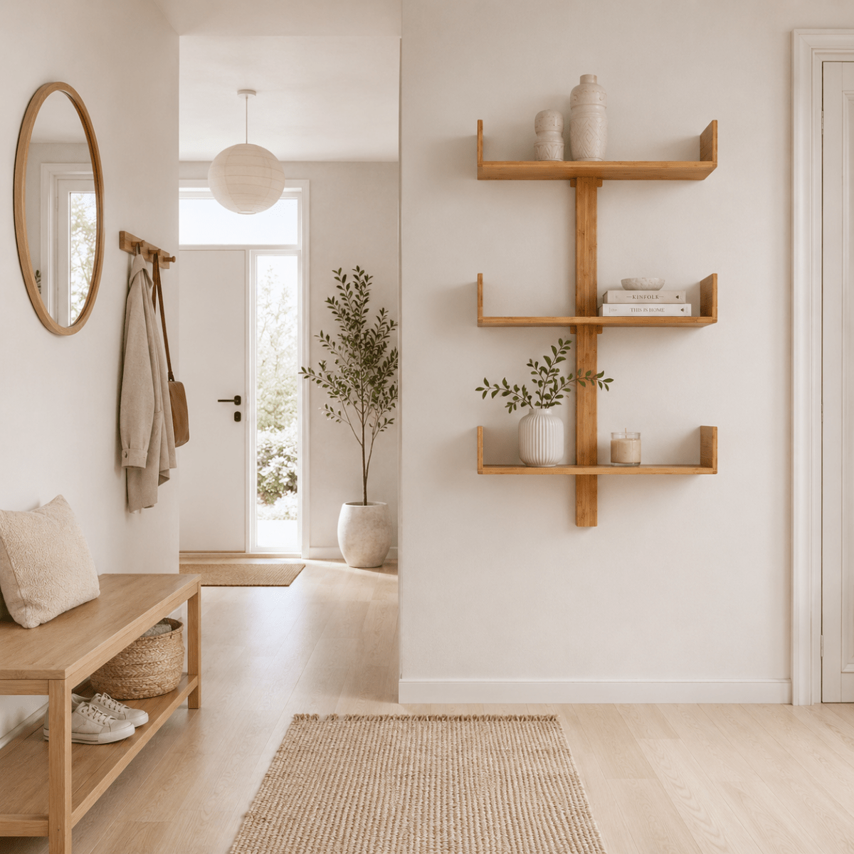 Villa vegghylle i bambus montert på lyst bad med speil, servant og naturlige detaljer.