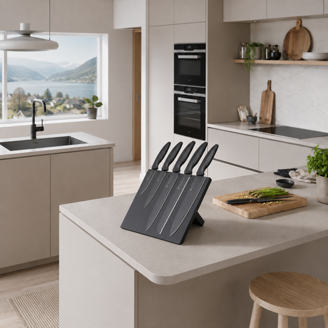 MasterClass Agudo kniver i magnetisk knivblokk på benk i lyst kjøkken. - Lindas dekor