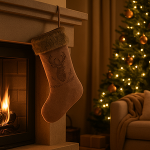 Julestrømpe i brun velur med reinsdyrmotiv og pelskant, hengende på peisen ved juletre pyntet med lys og kuler.