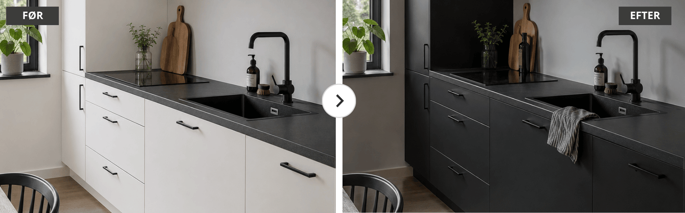 Før- og efterbillede af køkken med glatte skabsfronter – hvide køkkenskabe forvandlet til en moderne mat sort finish med selvklæbende folie.