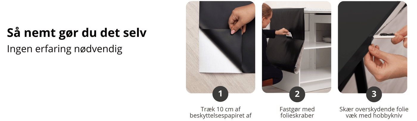 Trin-for-trin guide til montering af sort kontaktplast på køkkenfronter – fjern beskyttelsespapiret, fastgør folien og skær overskydende materiale væk.