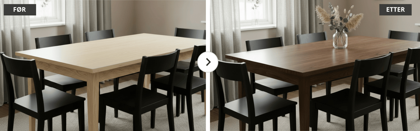 Før- og efterbillede af spisebord renoveret med kontaktplast i trædesign – lyst bord forvandlet til en elegant træoverflade med selvklæbende folie.
