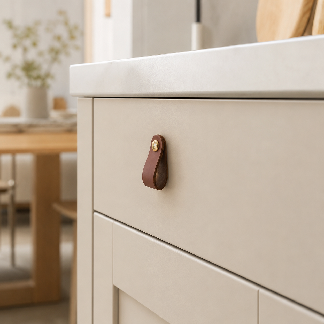 Dekorativt møbelhåndtak i brunt lær og metall