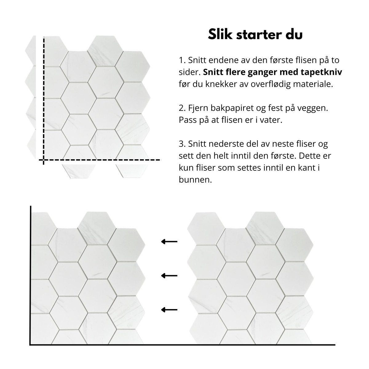 monteringsguide selvklebende fliser hexagon marmor