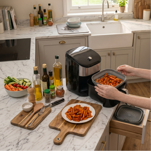 Grått sammenleggbart silikoninnlegg til airfryer 22 x 22 cm fylt med sprø søtpotet fries på et lyst kjøkken med airfryer og kjøkkenutstyr.