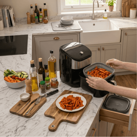 Grått sammenleggbart silikoninnlegg til airfryer 22 x 22 cm fylt med sprø søtpotet fries på et lyst kjøkken med airfryer og kjøkkenutstyr.